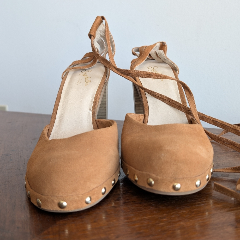 Seychelles Size 10 Tan Suede Leather Chunky Heel‎ Tie Up Closed Toe - Picture 7 of 8